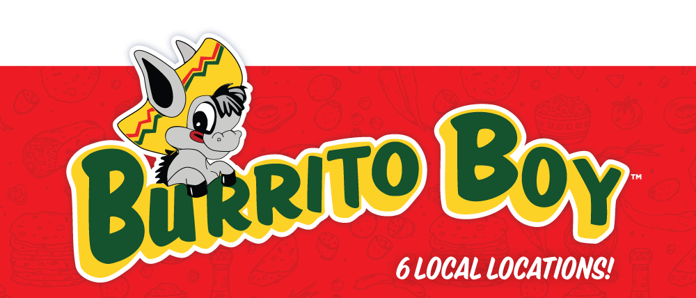 Red Billboard artwork in Eugene Oregon that says "Burrito Boy" with a donkey and a sombrero