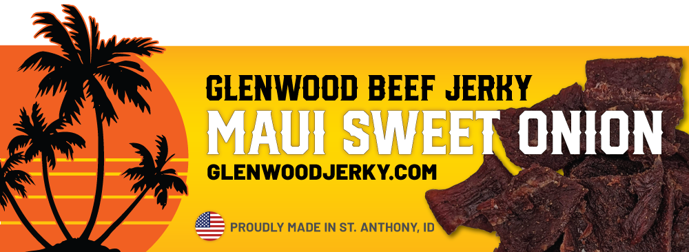 Orange and yellow billboard ad with palm trees for Glenwood Beef Jerky