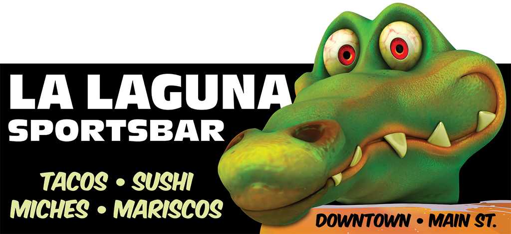 Billboard artwork for La Laguna Sports bar with alligator head mascot