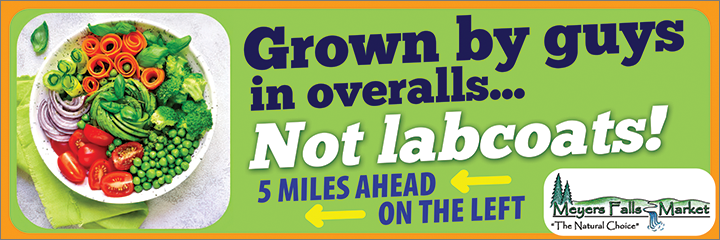 Green Billboard Artwork featuring vegetables advertising local Meyer Falls Market