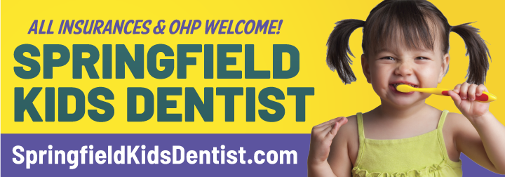 Billboard Artwork yellow and purple for Springfield's Kids dentist with a girl brushing her teeth