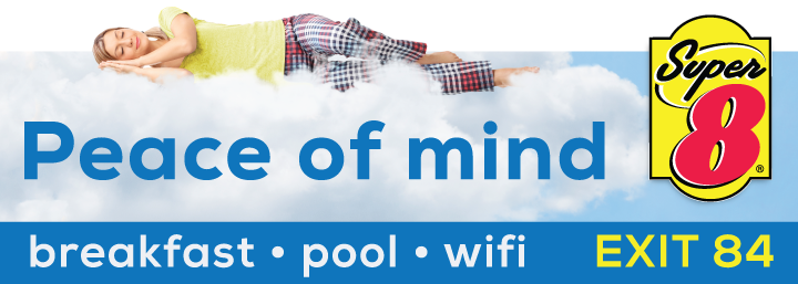 Billboard art for Super 8 with lady sleeping on a cloud that says 'Peace of Mind'