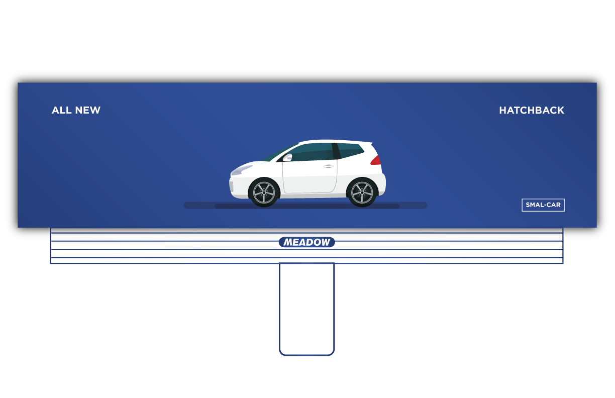 White Cartoon Hatchback with blue background on a billboard